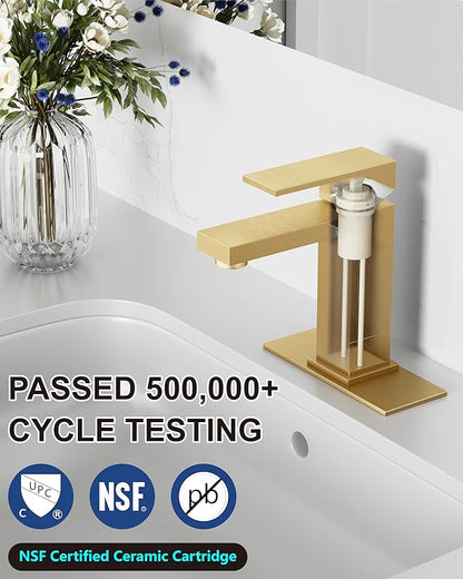 Midanya Bathroom Faucets 1 Hole, Single Handle Stainless Steel Bathroom Sink Faucet, Modern Vanity Faucets with Deck Plate,Water Supply Hoses and Pop Up Drain,Brushed Gold