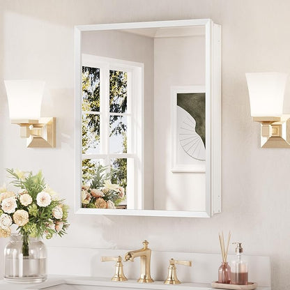 Keonjinn White Medicine Cabinet Mirror 20" x 26", Assembly Needed, Bathroom Medicine Cabinet with Mirror, Beveled Framed, Surface Wall-Mounted or Recessed, Shelves Adjustable