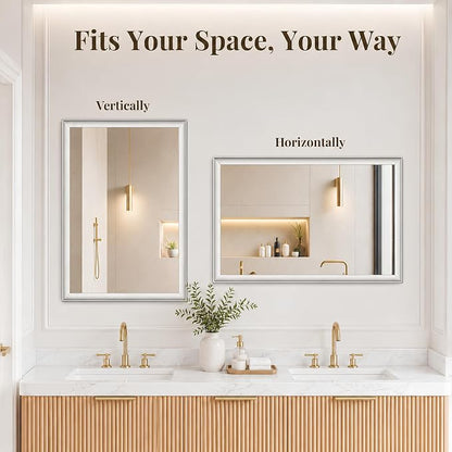 Brushed Nickel Bathroom Mirrors for Over Sink 30x40 Inch | Curved Aluminum Frame Rectangle Vanity Mirror for Bedroom Living Room Entryway, HD Tempered Glass, Anti-Rust