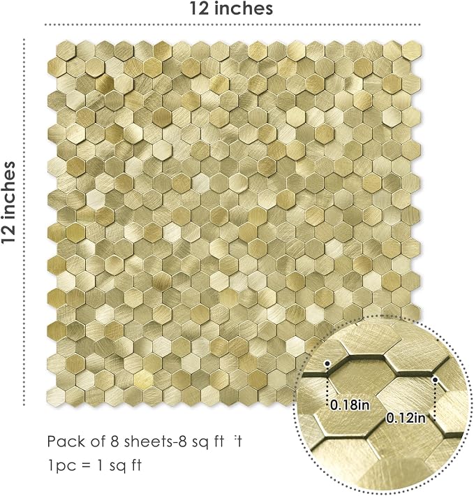 STICKGOO Peel and Stick Backsplash Tiles, Stick on Mosaic Self Adhesive Tiles, 3D Hexagon Backsplash for Kitchen Bathroom Fireplace Vanity (8PCS, Gold)