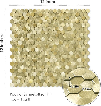 STICKGOO Peel and Stick Backsplash Tiles, Stick on Mosaic Self Adhesive Tiles, 3D Hexagon Backsplash for Kitchen Bathroom Fireplace Vanity (8PCS, Gold)
