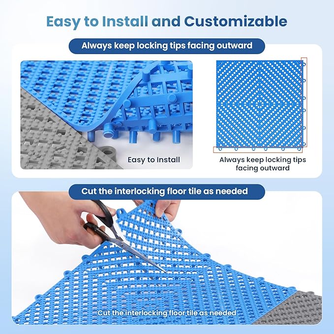 12-Pcs Interlocking Tile, Indoor/Outdoor Drainage Interlocking Floor Tiles 11.8" x 11.8", Anti-Slip Waterproof Soft PVC Splicing Flooring Tile for Garage Patio Pool Bathroom, Blue