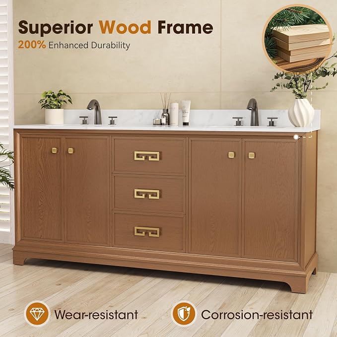 72 Inch Double Sink Bathroom Vanity, Light Walnut | Fully Assembled Bathroom Sink Cabinet, Marble Countertop & Backsplash, Soft Closing 4 Doors & 3 Drawers, Adjustable Shelves