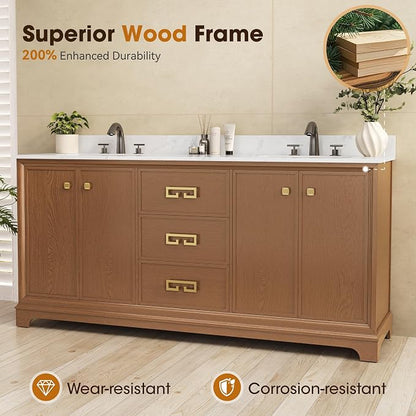 72 Inch Double Sink Bathroom Vanity, Light Walnut | Fully Assembled Bathroom Sink Cabinet, Marble Countertop & Backsplash, Soft Closing 4 Doors & 3 Drawers, Adjustable Shelves