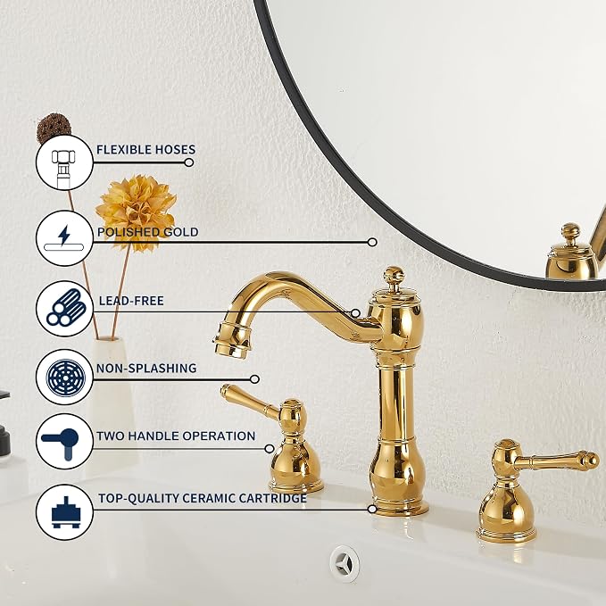 2 Handles 3 Holes Faucet Widespread Bathroom Sink Faucet Basin Tap Mixer Supply Hose Included Matching Pop Up Drain Polished Gold