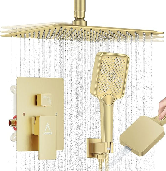 Shower System 12IN Modern Rain Brass Faucet Set With Valve and Diverter Shower Mixer With Handheld High Pressure Square Rainfall Shower Valve (12'' Ceiling Mount, Brushed Gold)