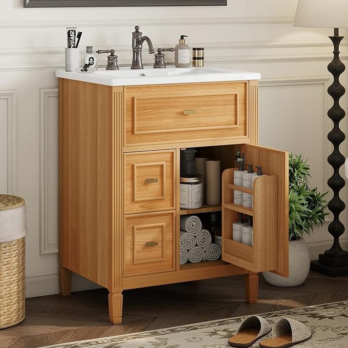 24" Modern Bathroom Vanity with Ceramic Sink, Solid Wood Frame Freestanding Storage Cabinet w/2 Drawers & Tilt-Out Drawer, Door Rack & Adjustable Shelf, Golden Metal Handles, Wood