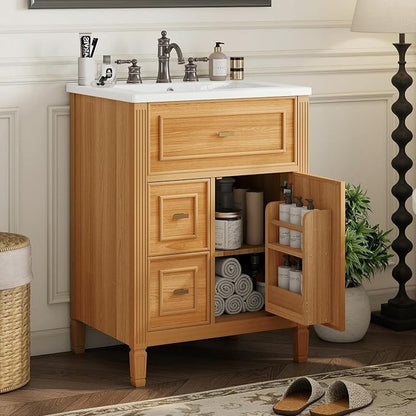 24" Modern Bathroom Vanity with Ceramic Sink, Solid Wood Frame Freestanding Storage Cabinet w/2 Drawers & Tilt-Out Drawer, Door Rack & Adjustable Shelf, Golden Metal Handles, Wood