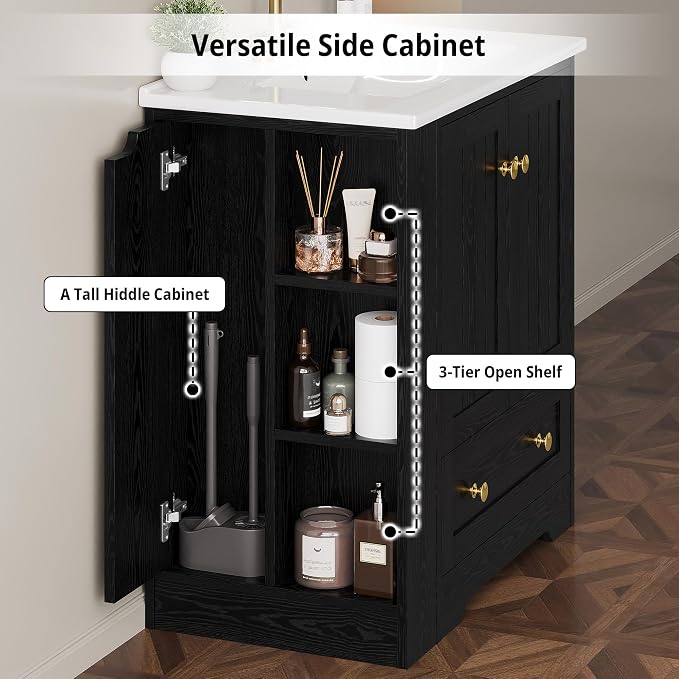 IRONCK Bathroom Vanity with Ceramic Sink, 30" Bathroom Cabinet, Black | Features a Ceramic Sink, 3 Doors, 1 Drawer and Flexible Side Storage for Organized Bathroom Storage
