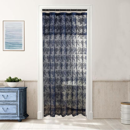 YJ YANJUN Navy Blue Lace Stand Up Shower Curtain for Bathroom 36x72 | Scalloped Shabby Chic Shower Curtain with Valance for the Small Stall Bathroom, Victorian Moody Narrow RV Curtain