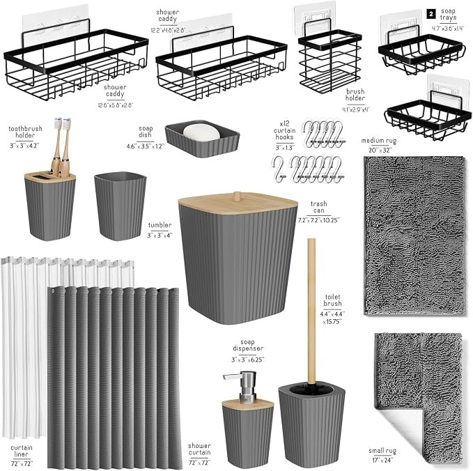 Clara Clark Bathroom Accessories Set - 27PC Bathroom Set with Adhesive Corner Shower Caddy Hanging, Bathroom Sets with Shower Curtain and Rugs, Grey Shower Curtain Set with Bathroom Trash Can | 27 Piece Grey Bathroom Sets with Shower Curtain and Rugs w...