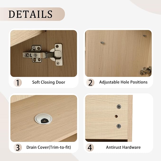48-Inch Bathroom Vanity with Sink Mid-Century Bathroom Vanities with Top Basin Floor Wood Bathroom Sink Cabinet with Soft-Close Doors & Adjustable Storage Shelves (Oak)