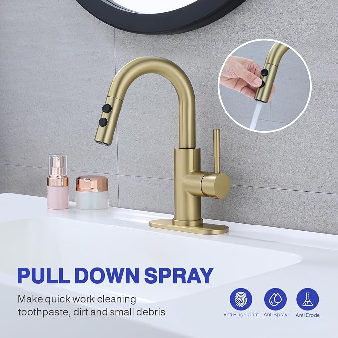 Bathroom Faucet with Sprayer, Brushed Gold Single Hole with Pop-Up Drain | Kablle Single Handle Pull Out 1 or 3 Hole Laundry Bar Basin Faucet with Deck Plate, KBL-7002BG-CL
