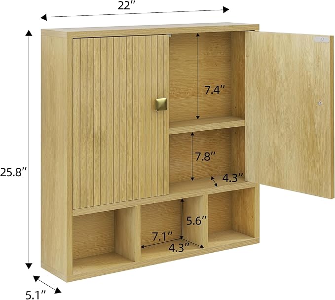 Bathroom Wall Cabinet,Wooden Medicine Cabinet with Fluted Doors Over The Toilet Storage Cabinet with Adjustable Shelf for Bathroom,Wood