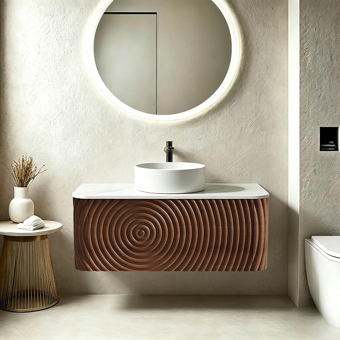 36" Floating Bathroom Vanity with Sink, Mid-Century Wall Mounted Bathroom Vanity Cabinet with Waved Decor, Ceramic Vessel Basin, Sintered Stone Top, Soft Close Storage Drawer, Walnut