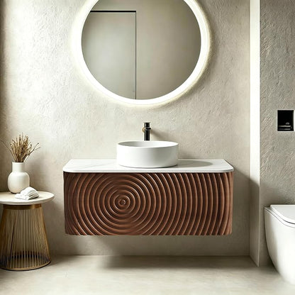 36" Floating Bathroom Vanity with Sink, Mid-Century Wall Mounted Bathroom Vanity Cabinet with Waved Decor, Ceramic Vessel Basin, Sintered Stone Top, Soft Close Storage Drawer, Walnut