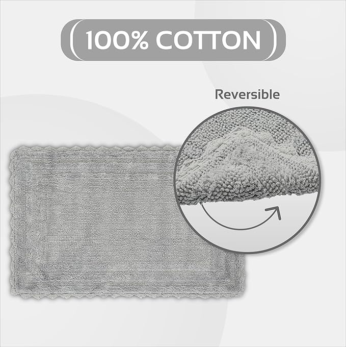 Better Trends 3 Piece Lilly Crochet Large Bath Mat Set 100% Cotton Soft Luxury Runner Bathroom Rug Reversible Absorbent Washable for Bathroom Floor Decor, Bathtub, Gray