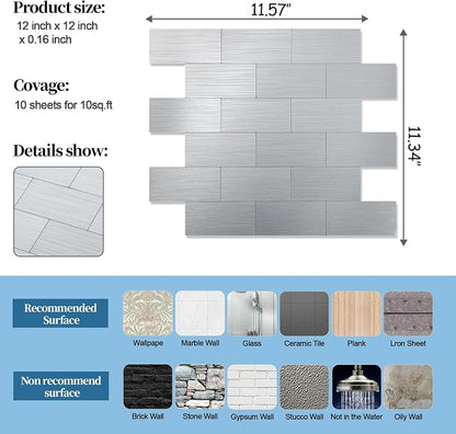 2026 New Upgrade Peel and Stick Backsplash Tile, Peel and Stick 11.34" X 11.57" Wall Tile for Kitchen, Bathroom, Fireplace, Laundry (Silver Metal, 1 Pack)