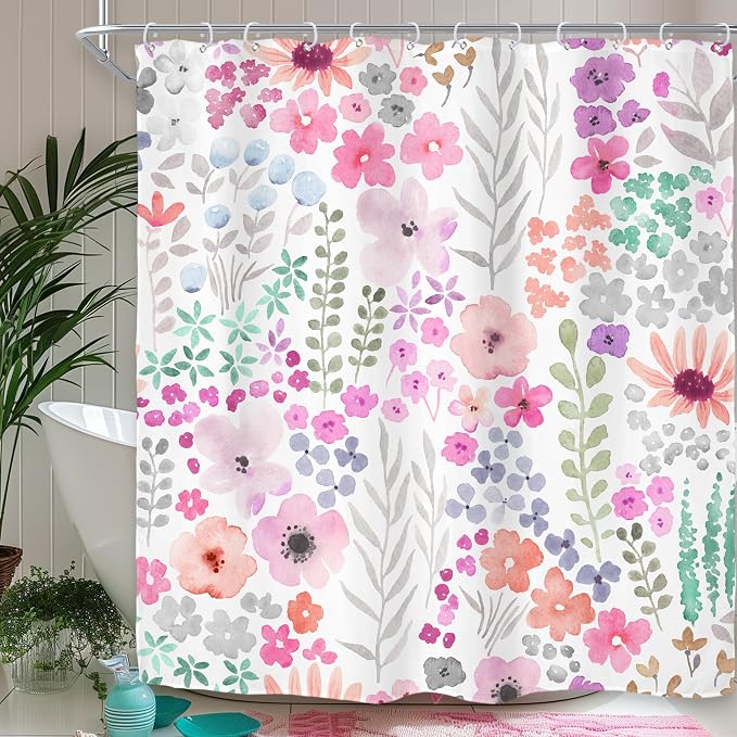 Extra Long Purple Floral Watercolor Colorful Bathroom Shower Curtain Set | 72"W x 84"H Boho Cute; waterproof HD print, quick-dry fabric with 12 hooks for easy hanging.