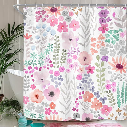 Extra Long Purple Floral Watercolor Colorful Bathroom Shower Curtain Set | 72"W x 84"H Boho Cute; waterproof HD print, quick-dry fabric with 12 hooks for easy hanging.