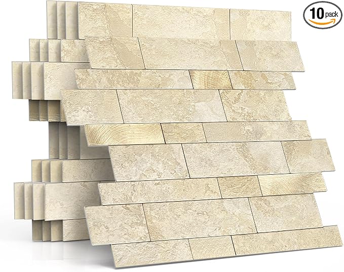 Stone Peel Stick Backsplash Tiles Kitchen Wall Beige Gold 10pcs
