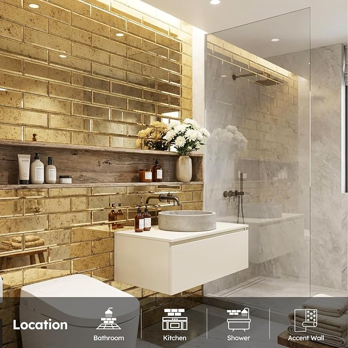 Peel and Stick Beveled Mirror Tile, Light Antique with Gold, 4x12 Inch, Mirror Backsplash for Kitchen Bar Bathroom Wall Tile (5 Sq.ft, 15 Pcs)