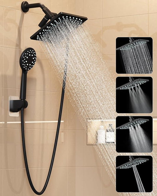 Veken Multi-Function Rain Shower Head with Handheld, High Pressure, Square | Rainfall Showerhead, Dual shower heads Combo, 5-mode Detachable Hand Held Spray with Hose, regaderas para shower, Matte Black
