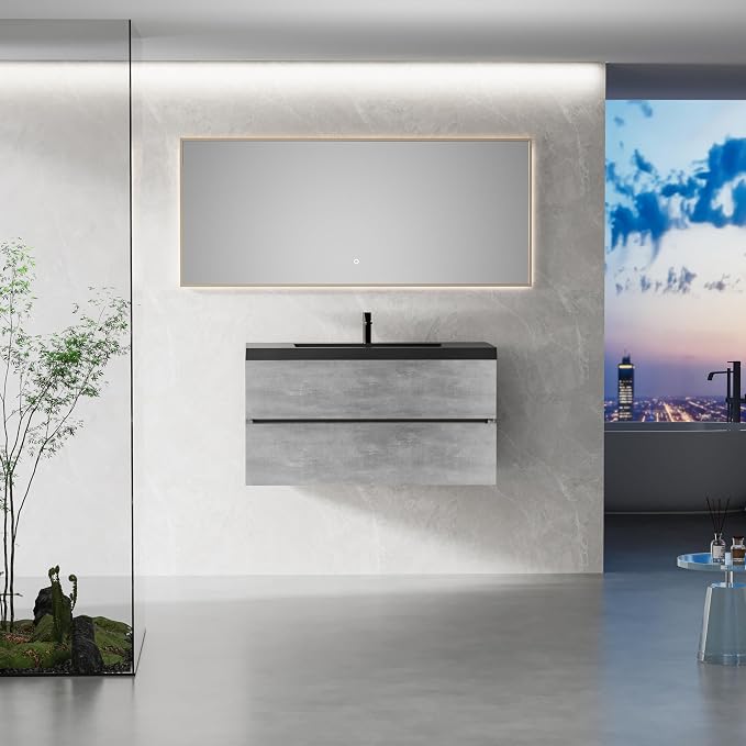 42" Floating Bathroom Vanity with Sink, Modern Wall-Mounted Bathroom Storage Vanity Cabinet with Two Black Quartz Sand Top Basins and Four Soft Close Drawers, Cement Grey