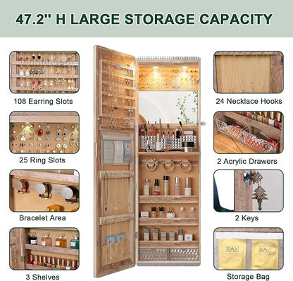 HNEBC Over the Door Jewelry Organizer with LED Lights, 47.2" Full Length Mirror with Storage, Wall Mounted Jewelry Armoire, Hanging Mirror with 2 Drawers,Lokable,3 Shelves(Wood)
