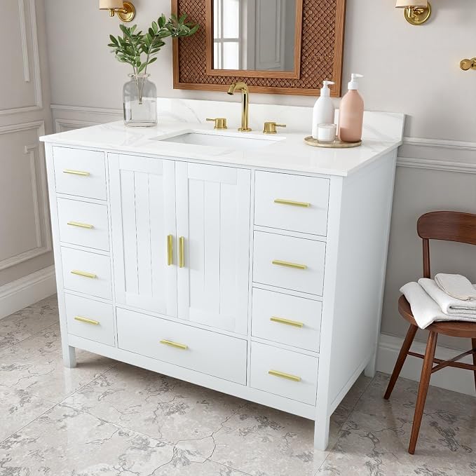 42 Inch Bathroom Vanity with Sink&Countertop,Carrara White Quartz Counter Top with Sink&Backsplash,White Bathroom Cabinet Set with 2 Doors and 9 Drawer(Three Holes)