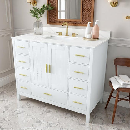 42 Inch Bathroom Vanity with Sink&Countertop,Carrara White Quartz Counter Top with Sink&Backsplash,White Bathroom Cabinet Set with 2 Doors and 9 Drawer(Three Holes)