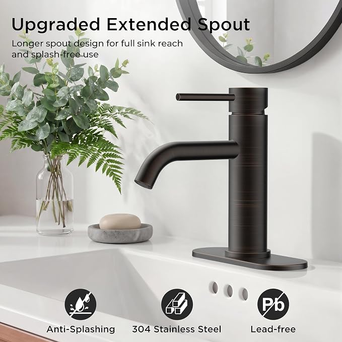 FORIOUS Bathroom Faucet 1 Hole, Single Handle Vainty Sink Faucets Bronze | for 1 or 3 Hole 4 Inch Centerset Sink, with Pop-up Drain, NSF61 Certificate, for Rv Commercial Lavatory Restroom Basin