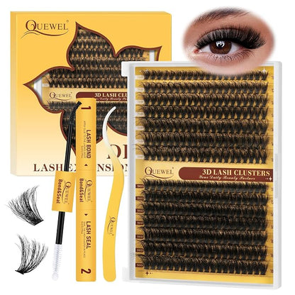 QUEWEL Lash Clusters Kit, 280Pcs 70D+90D 3D Lash Cluster Eyelash Extensions | 10-18mm Lash Clusters Kit with Lash Bond and Seal and Lashes Tweezers Easy DIY at Home (70+90D 3D Kit)