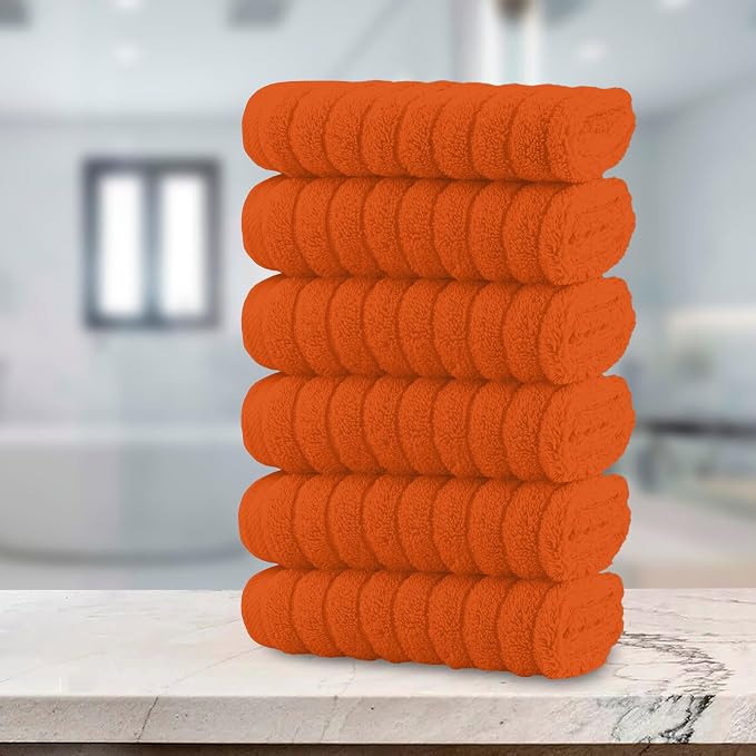 Elegant Comfort 100% Turkish Cotton Corduroy Ribbed Luxury Washcloths 6 Pack Soft 13 x 13 Inch - Higly Absorbent, Durable, Quick Dry, Spa Premium Hotel Quality for Bathroom or Travel, Orange