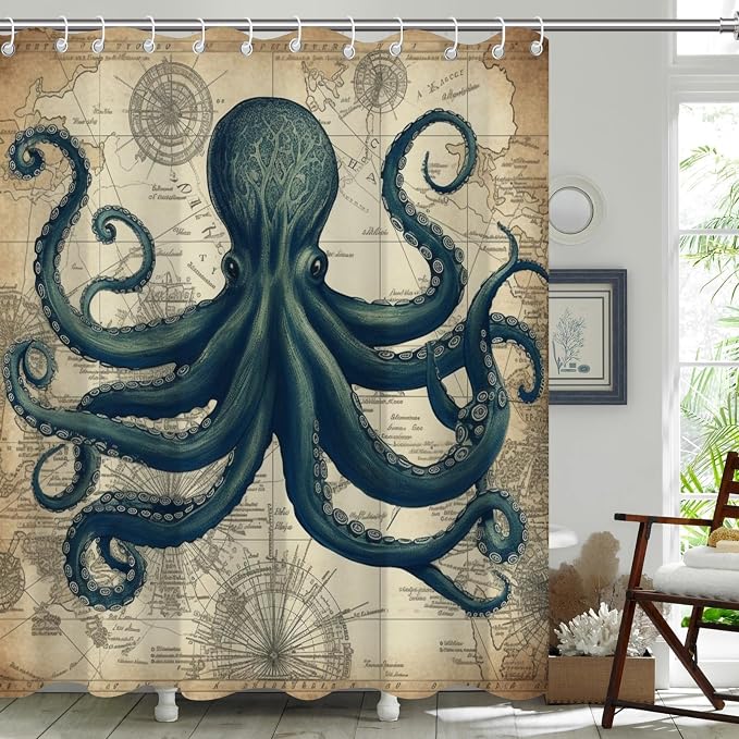 Vintage Nautical Octopus Steampunk Shower Curtain Set 72x72 Inches | Vintage Octopus World Map Steampunk Print, Coastal Retro Home Guest Housewarming Nautical Lover Bath Decor, With Fabric Hooks