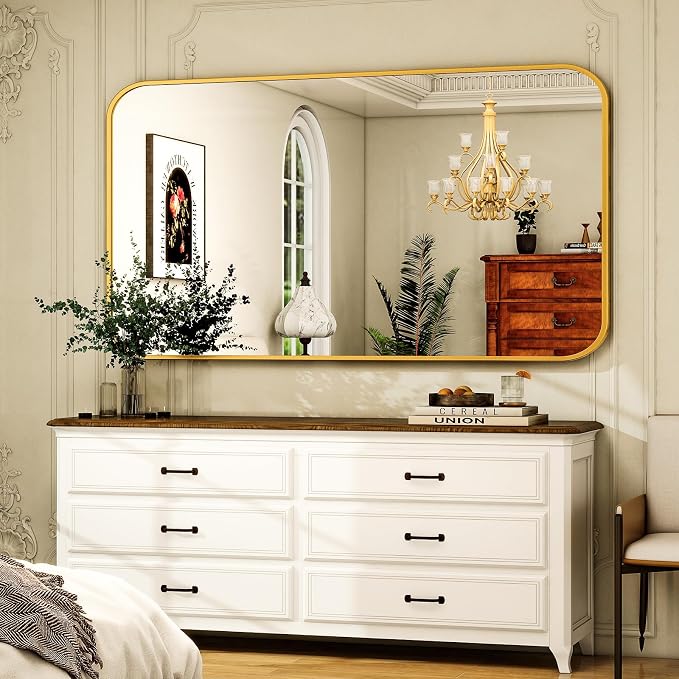 Easly 30 x 48 Inch Bathroom Mirror, Rounded Rectangular Vanity Mirror for Wall, Modern Mirror for Room Decor, Gold Framed Wall-Mounted Mirrors for Home Decor, Hangs Horizontally or Vertically