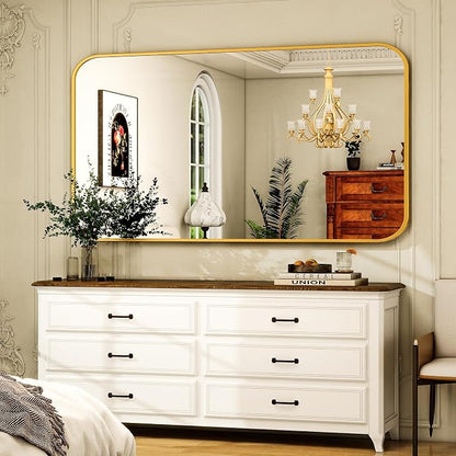 Easly 30 x 48 Inch Bathroom Mirror, Rounded Rectangular Vanity Mirror for Wall, Modern Mirror for Room Decor, Gold Framed Wall-Mounted Mirrors for Home Decor, Hangs Horizontally or Vertically