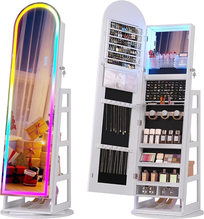 HWB Mirror Jewelry Cabinet Standing with RGB Lights & Storage Shelves | Mirror w/Storage, LED Full-length Mirror, Lockable Jewelry Armoire, 360° Swivel, Standing Jewelry Cabinet, Girls Women Gifts