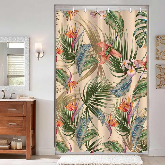 Tropical Shower Curtain, Colourful Leaves Floral Palm Leaf Hawaiian Botanical Plant Bathroom Decor, Waterproof Cloth Fabric Bath Curtain with Hooks 48 x 72 inch