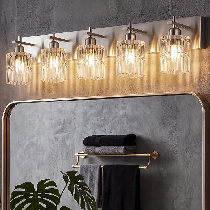 OCIOC 5-Light Bathroom Light Fixtures Brushed Nickel, Bathroom Vanity Light with Glass Shade, E26 Base Vanity Lights for Mirror,Bedroom,Living Room