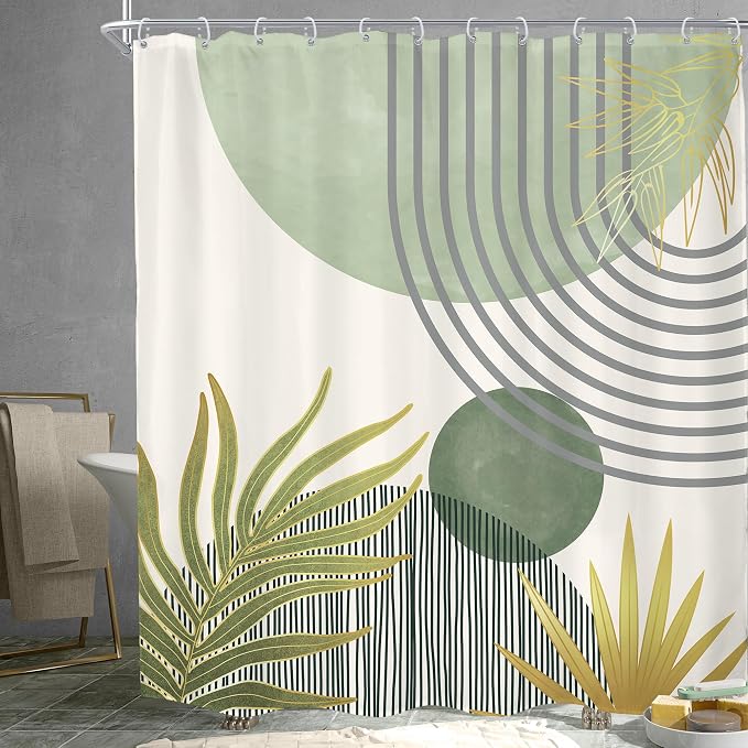 Mid Century Mint Green Boho Abstract Modern Bathroom Shower Curtain Set | 72Wx78H Plant Botanical design, waterproof HD print with fast-drying fabric and 12 hooks.