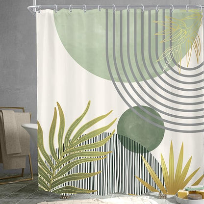 Mid Century Mint Green Boho Abstract Modern Bathroom Shower Curtain Set | 72Wx78H Plant Botanical design, waterproof HD print with fast-drying fabric and 12 hooks.