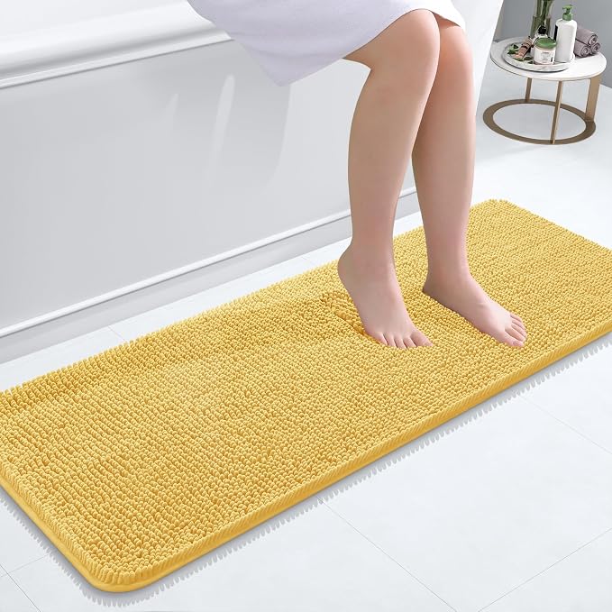 OLANLY Bathroom Runner Rugs 47x17, Extra Soft Absorbent Chenille Bath Rugs | Yellow, Quick-Drying Rubber Backing, Washable Long Bath Mat for Bathroom Floor, Tub and Shower, Home Decor Accessories