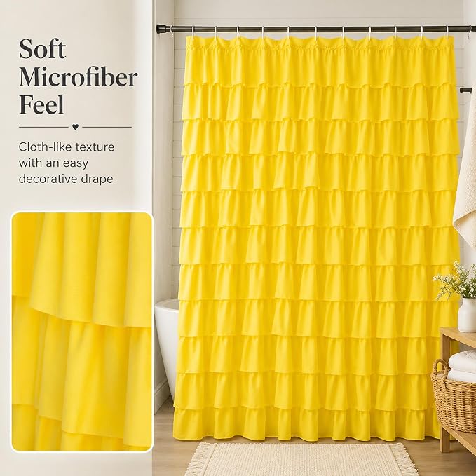 Yellow Shower Curtain for Bathroom, 72 x 84, Soft Ruffled Edge Detailing | Cascading Waterfall Ruffle Design, 72x84 inch, 7ft, 12 Hook Included, Machine Washable, Elegant Understated Farmhouse Style