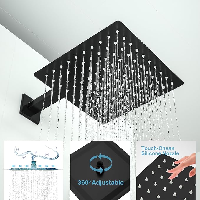 Rain Shower System High Pressure Shower Head 12 inch with Tub Spout,Wall Mounted Waterfall Bathroom Shower Faucet Sets Complete with Handheld Spray,Shower Valve and Trim kit,Matt Black | Safe Pressure Balance Valve Bathroom Shower Faucet Set with Handh...