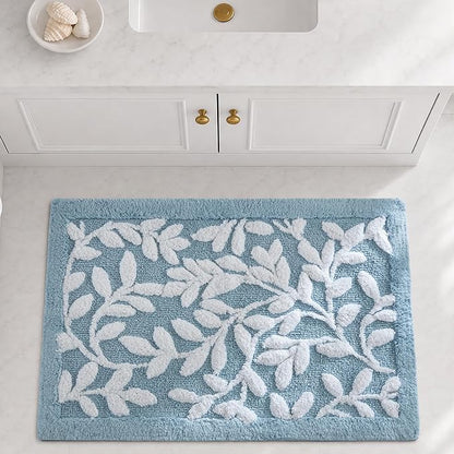 Madison Park Serene Tufted Bath Rug Cotton Absorbent, 21 x 34, Blue | Quick Dry, Soft Pile, Machine Washable, Floral Pattern, Plush, OEKO-TEX Certified