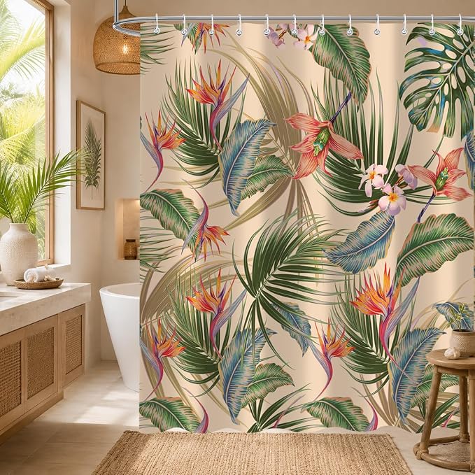Tropical Shower Curtain, Colourful Leaves Floral Palm Leaf Hawaiian Botanical Plant Bathroom Decor, Waterproof Cloth Fabric Bath Curtain with Hooks 72 x 78 inch