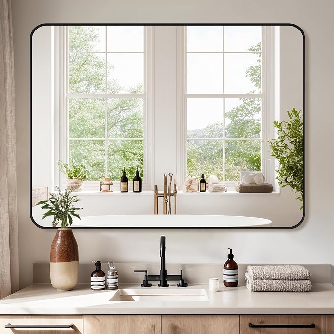 Bathroom Mirror 40" x 30", Large Rectangle Wall Mirror, Black Metal Frame Wall Mounted Mirrors for Bathroom, Vanity, Bedroom, Entryway Decor(Horizontal/Vertical)
