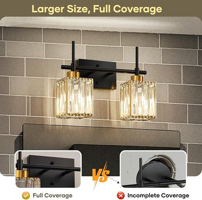 Torondo Modern Crystal Bathroom Vanity Light 2-Lights Gold Bathroom Light Fixtures Over Mirror Black and Gold Vanity Lighting Fixtures Gold Square Shade Brass Wall Sconce (Bulbs Not Include)