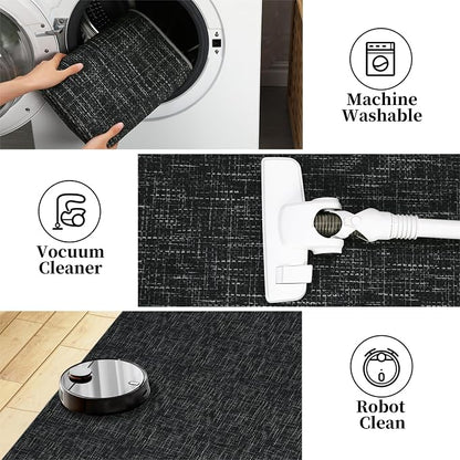 Garvee Washable Rugs 9x12 Modern Textured Area Rugs for Living Room, Black | Non Slip Neutral Solid Color Non Shedding Stain Resistant Low Pile Minimalist Soft Rug for Dining Room Bedroom Nursery